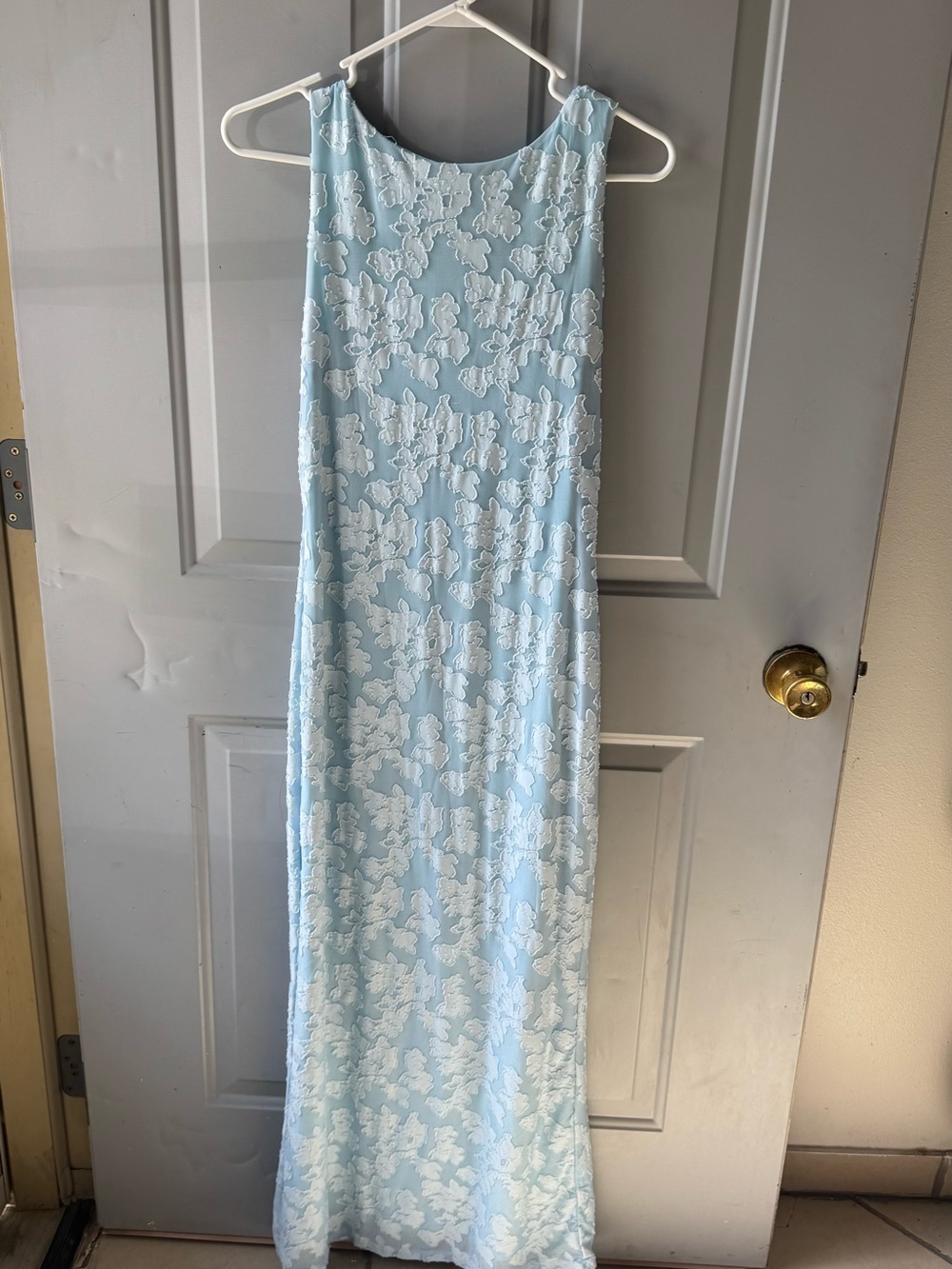 Sleeveless Light Blue Lace Overlay Maxi Dress